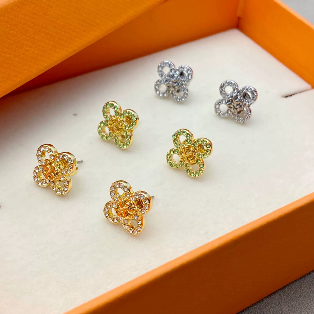 Tory Burch Vintage Four Leaf Clover Rhinestone Earrings Floral Design